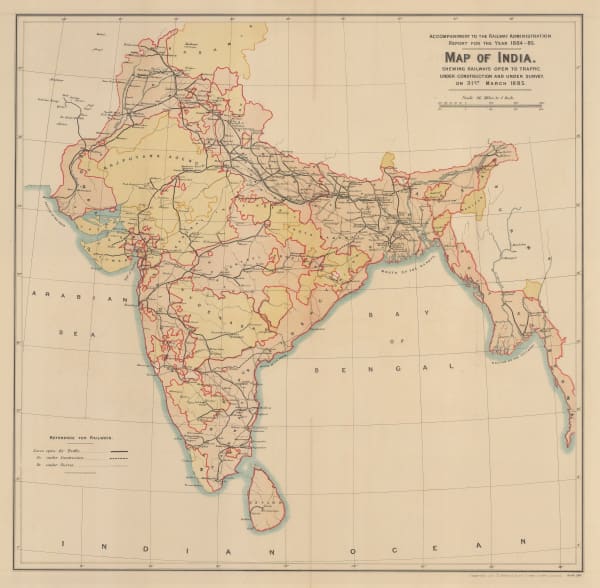 Survey of India, Map of India shewing Railways open to traffic, under construction and under survey onm 31st March 1885, 1885