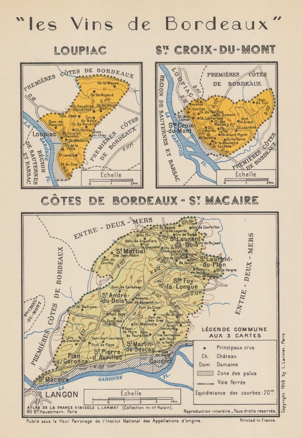 Louis Larmat, Wine map of Loupiac, Ste. Croix-du-Mont, Cotes de Bordeaux - St. Macaire, Bordeaux, 1949