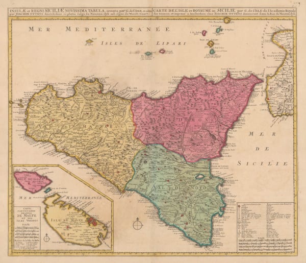 Josua & Reinier Ottens, Sicily divided into regions, 1730 c.