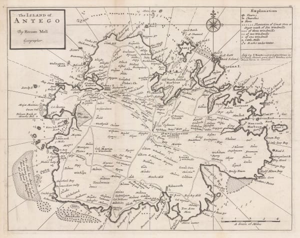 Herman Moll, Early English map of Antigua, 1732