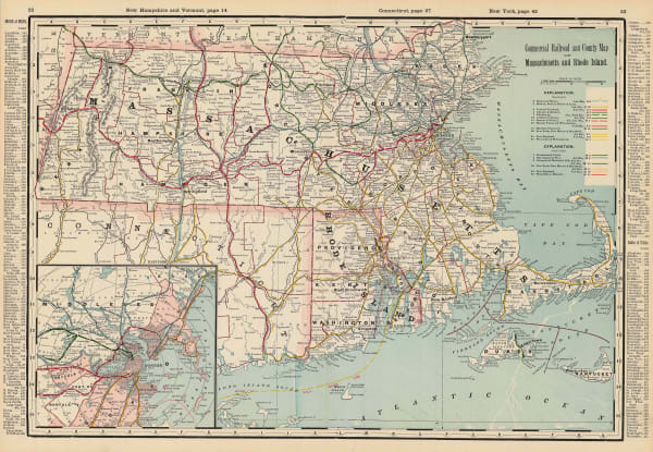 George Cram, Commercial Railroad and County Map of Massachusetts and Rhode Island, 1897