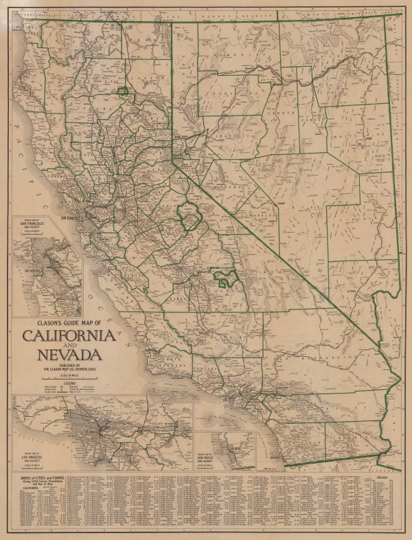 Clason Map Co., Clason's Guide Map of California and Nevada, 1930 c.