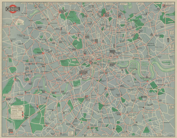 London General Omnibus Co., General Omnibus Map of London, 1929