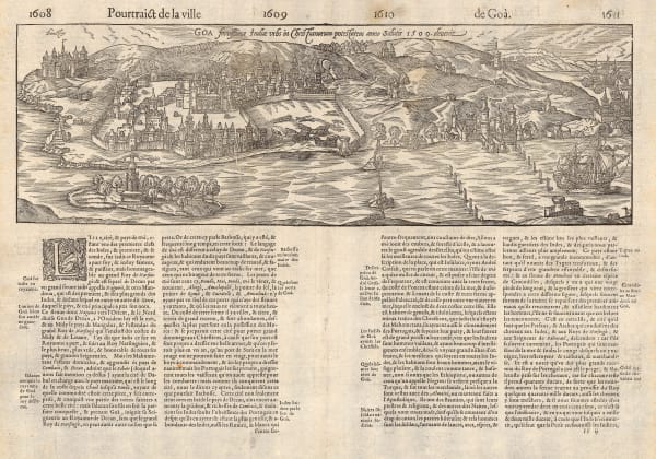 Andre Thevet, Early wood-cut plan of Goa, 1575