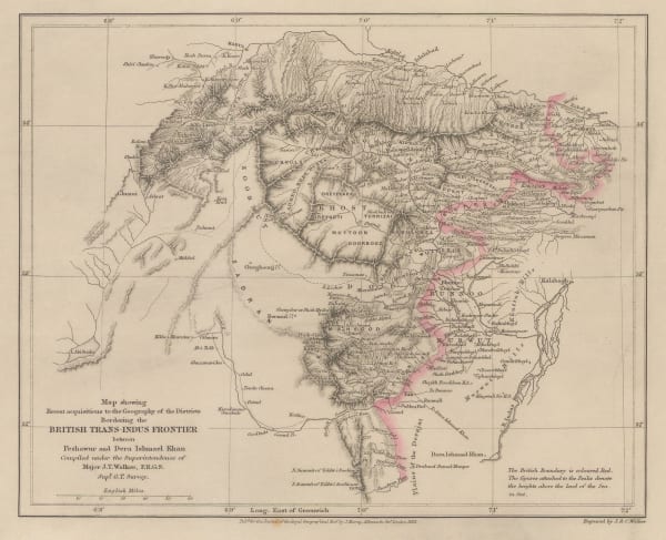 Royal Geographical Society (RGS), Map Showing Recent Acquisitions to the Geography of the Districts Bordering the British Trans-Indus Frontier between Peshawur and DeraIshmael Khan, 1863