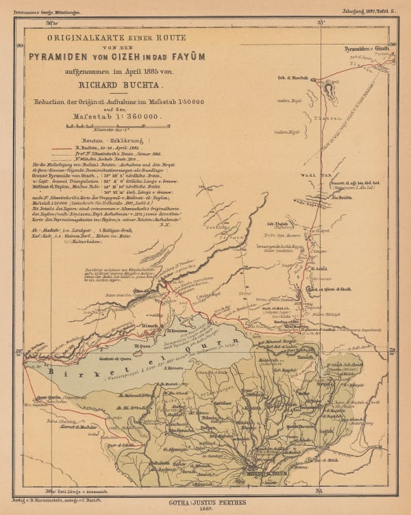 Justus Perthes, Sketch map of Faiyum and the Pyramids of Giza, 1887
