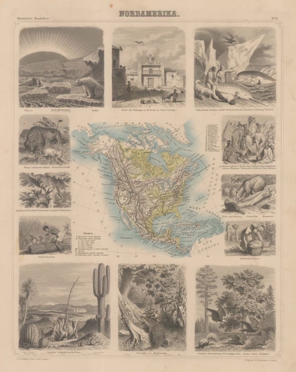 F.A. Brockhaus, Decorative map of North America, 1859