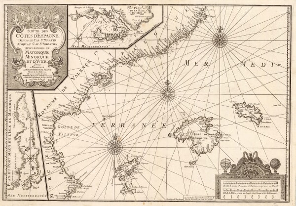 Henri Michelot and Laurent Brémond, Rare sea chart of the Balearic Islands and Spanish coasr, 1723