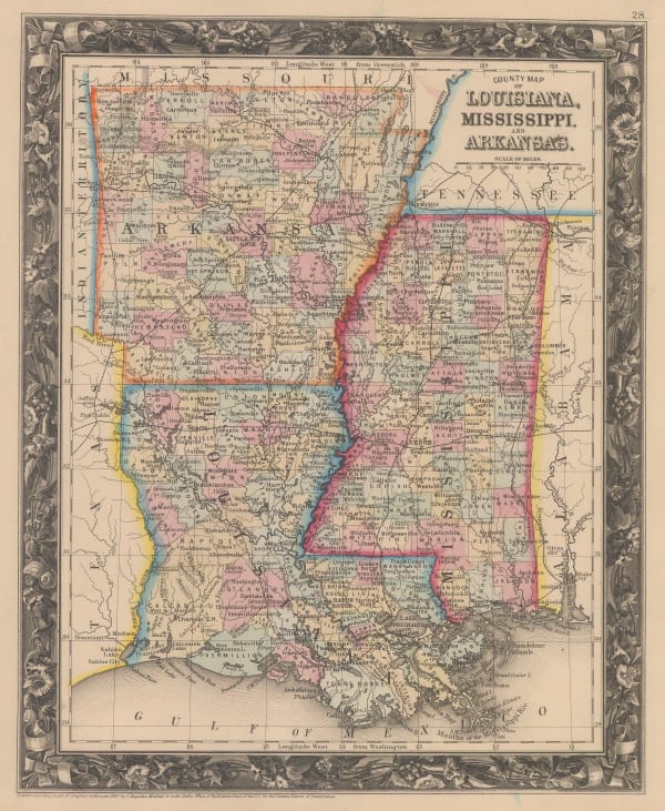 Samuel Augustus Mitchell, County Map of Louisiana, Mississippi and Arkansas, 1860