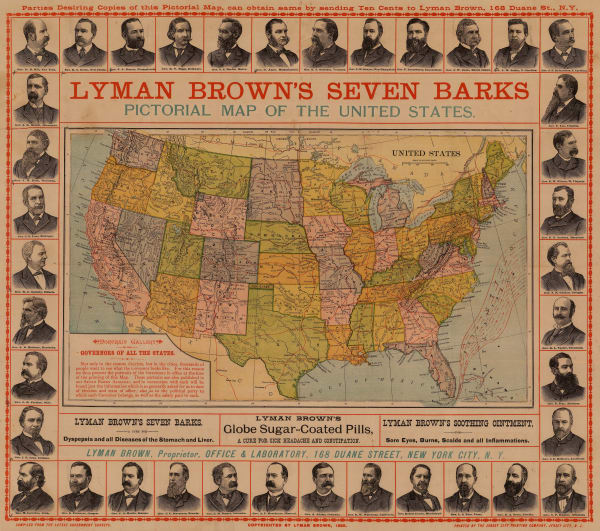 Lyman Brown, Lyman Brown's Seven Barks - Pictorial Map of the United States, 1888