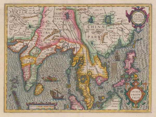 Mercator Hondius, Important early map of India, Sri Lanka, Southeast Asia, and the Philippines, 1636 c.
