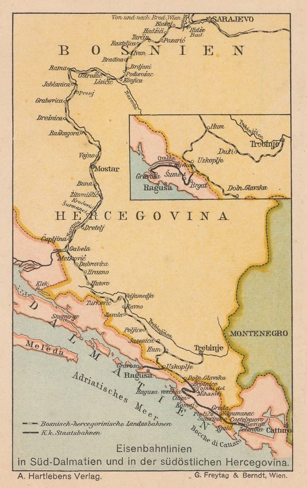 Adolf Hartleben, Map of the train route from Sarajevo to Ragusa (Dubrovnik), 1913