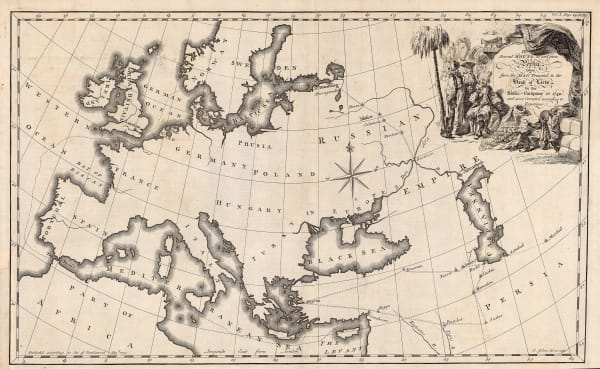 Jonas Hanway, Map of Europe with trade routes to Persia, 1754