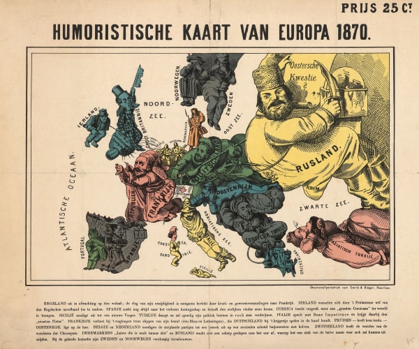 Arnold Neumann, Dutch edition of a rare German caricature map of Europe during the Franco-Prussian War, 1870