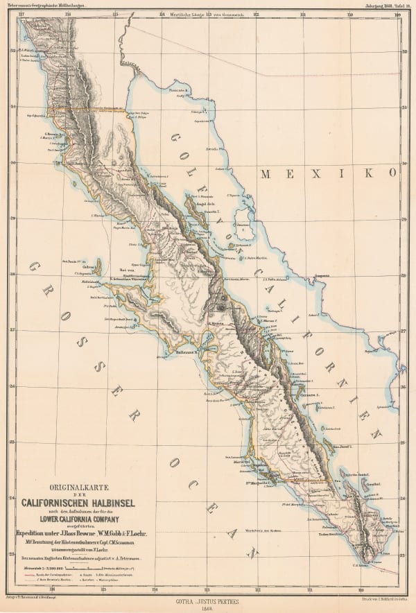 Justus Perthes, Map of the Baja California Peninsula, 1868