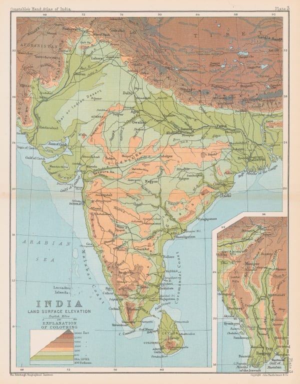 J.G. Bartholomew, India: Land Surface Elevation, 1893