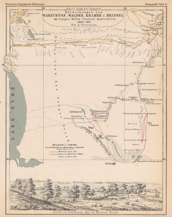 Justus Perthes, North and east shores of Lake Eyre, routes of Egerton-Warburton, Walder, Kramer, and Meissel, 1867