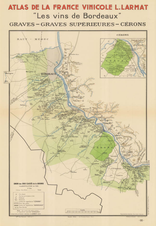 Louis Larmat, Wine map of Graves, Graves Superieures, and Cerons, Bordeaux, 1943