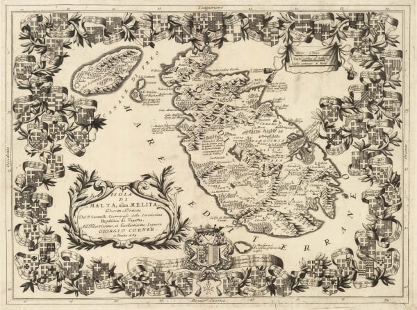 Vincenzo Coronelli, Decorative map of Malta, 1692