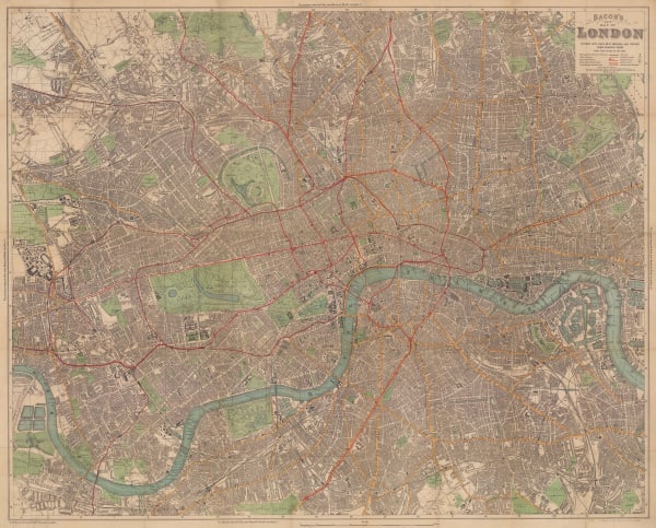 George W. Bacon, Bacon's New Map of London, Divided into Half-Mile Squares and Circles from Charing Cross, 1925 c.