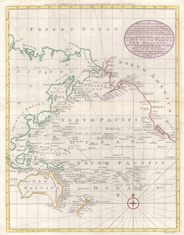 Emanuel Bowen, Chart of the Pacific Ocean with voyages of Captain James Cook, 1790 c.