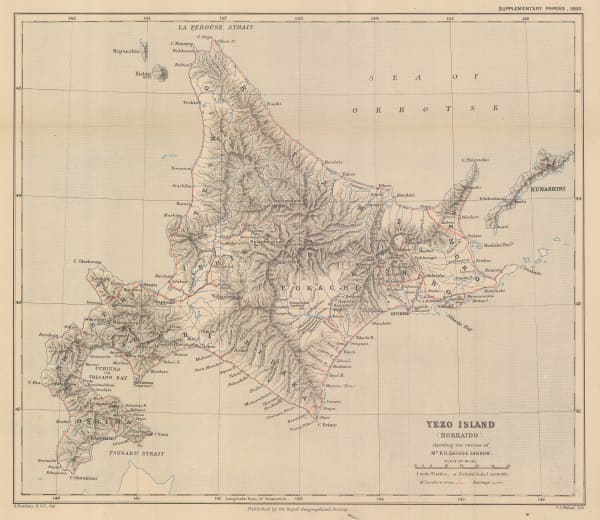 Royal Geographical Society (RGS), Yezo Island (Hokkaido) showing the routes of Mr A. H. Savage Landor, 1893