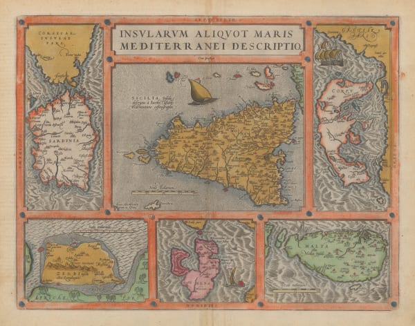 Abraham Ortelius, Sicily, Sardinia, Corfu, Malta, Elba, & Djerba, 1598
