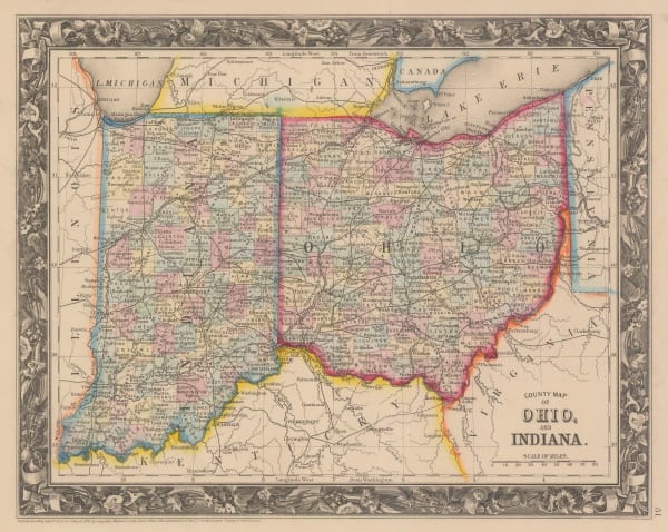 Samuel Augustus Mitchell, County Map of Ohio and Indiana, 1860