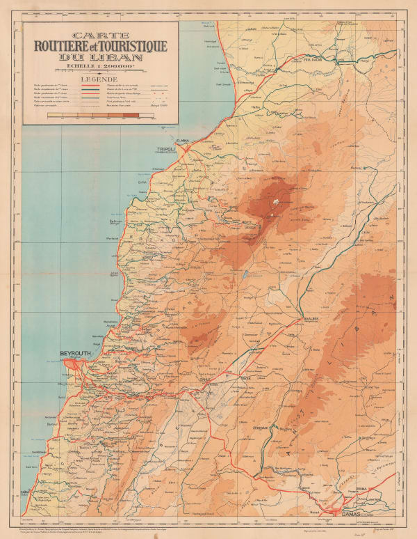 Bureau Topographique, Vintage road map of Lebanon, 1937