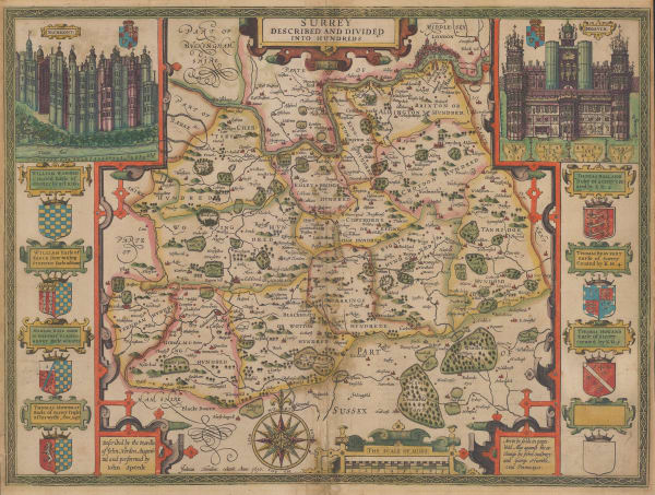 John Speed, Surrey Inscribed and Divided into Hundreds, 1611