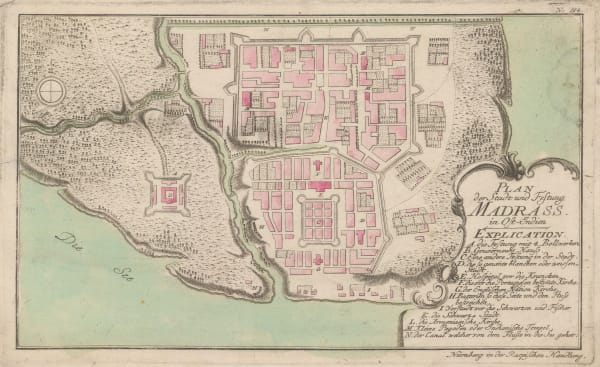 Gabriel Nikolaus Raspe, Scarce map of Chennai (Madras), 1760 c.