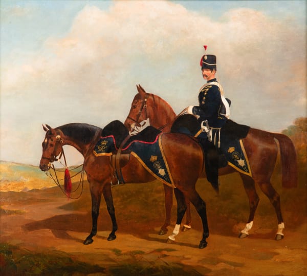 Henry Calvert (1798-1869), The 15th (The King's) Hussars: two chargers, one with an officer up, in a landscape, a camp beyond
