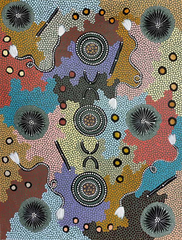 Women collecting wild bush medicine seed by Patsy Ross Napaltjarri, 2025