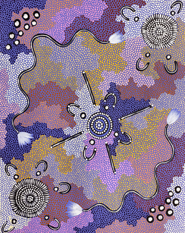 Women making hairstrings and gathering wild bush damper seed by Patsy Ross Napaltjarri, 2022