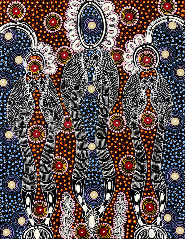 Dreamtime Sisters by Colleen Wallace, 2024, acrylic on canvas, 44.5 x 58 cm