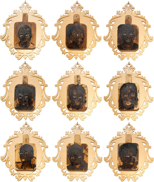 René Tavares Piá mù – Look at me, 2022 Pigment, charcoal, acrylic on wood glued to plywood 66 x 56 x 3 cm (each)