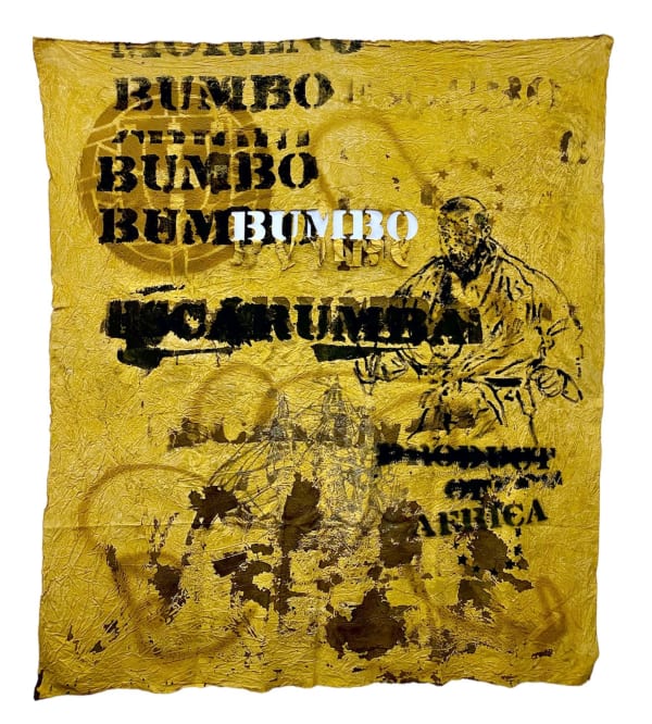René Tavares Bumbo - Carruagem Lusa, 2023 Stencil and pigment on cloth 173 x 152 cm