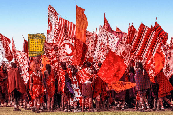Carol Beckwith and Angela Fisher, Salei Maasai Warriors Bearing Flags, Tanzania, 2006