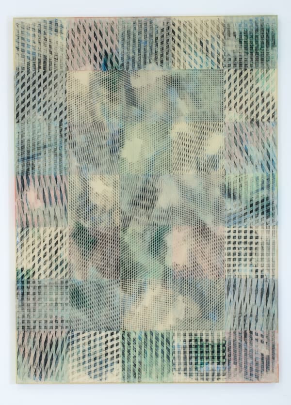 Erik Saglia Untitled, 2016 Spray paint, oil pastels, paper tape and epoxy resin on panel 210 x 150 x 6 cm