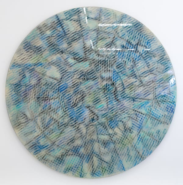 Erik Saglia Untitled, 2016 spray paint, oil pastels, paper tape and epoxy resin on panel 250 cm diameter x 6 cm