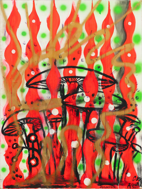 Chris Martin Psilocybin, 2004 - 2009 gesso, oil, spray paint on canvas 101.6 x 76.2 cm