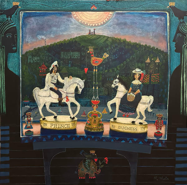 Morag Muir PAI RSW Courtly Love Acrylic on board 32 x 32 "