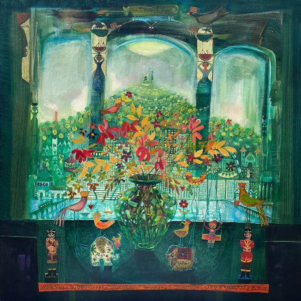 Morag Muir PAI RSW Hilltop Town Acrylic on canvas 40 x 40 "