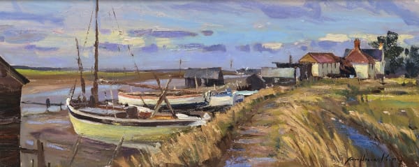 Andrew King ROI NS EAGMA IEA The Path above the River, Southwold Oil on board 8 x 17 "