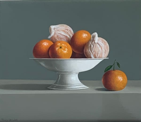 Tony de Wolf Two Wrapped Tangerines, 2021 Oil on board 12 x 14 "