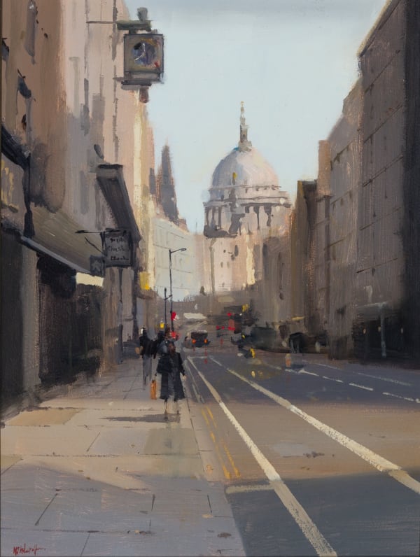 Michael Ashcroft ROI St Pauls and Ye Old Cheshire Cheese Oil on panel 12 x 9 "