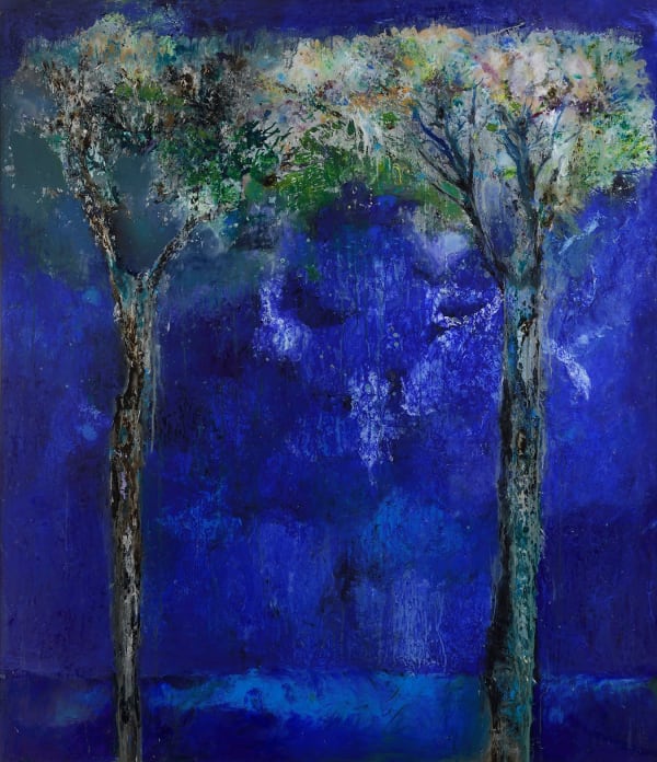 Gail Catlin Two Trees Blue Black Ground Liquid Crystal/Mixed Media Reverse Painted on Perspex 59 x 50 "