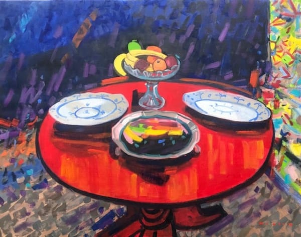 Mike Healey The Red Table (Reflected Fruit) Oil on canvas 28 x 36 ”