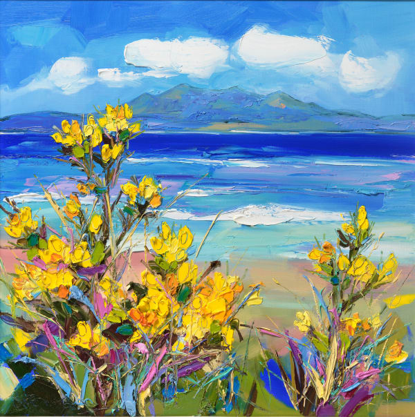 Judith Bridgland Distant Arran Through Gorse Oil on linen 24 x 24 "