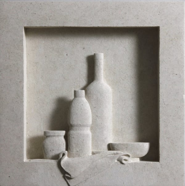 Gabriele Risso MRSS Still Life Hand carved Lavoux limestone 16 x 16 x 2 "
